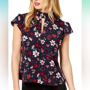 NWOT Zoe by Rachel Zoe Navy Mock Neck Floral Peplum Blouse, Size S